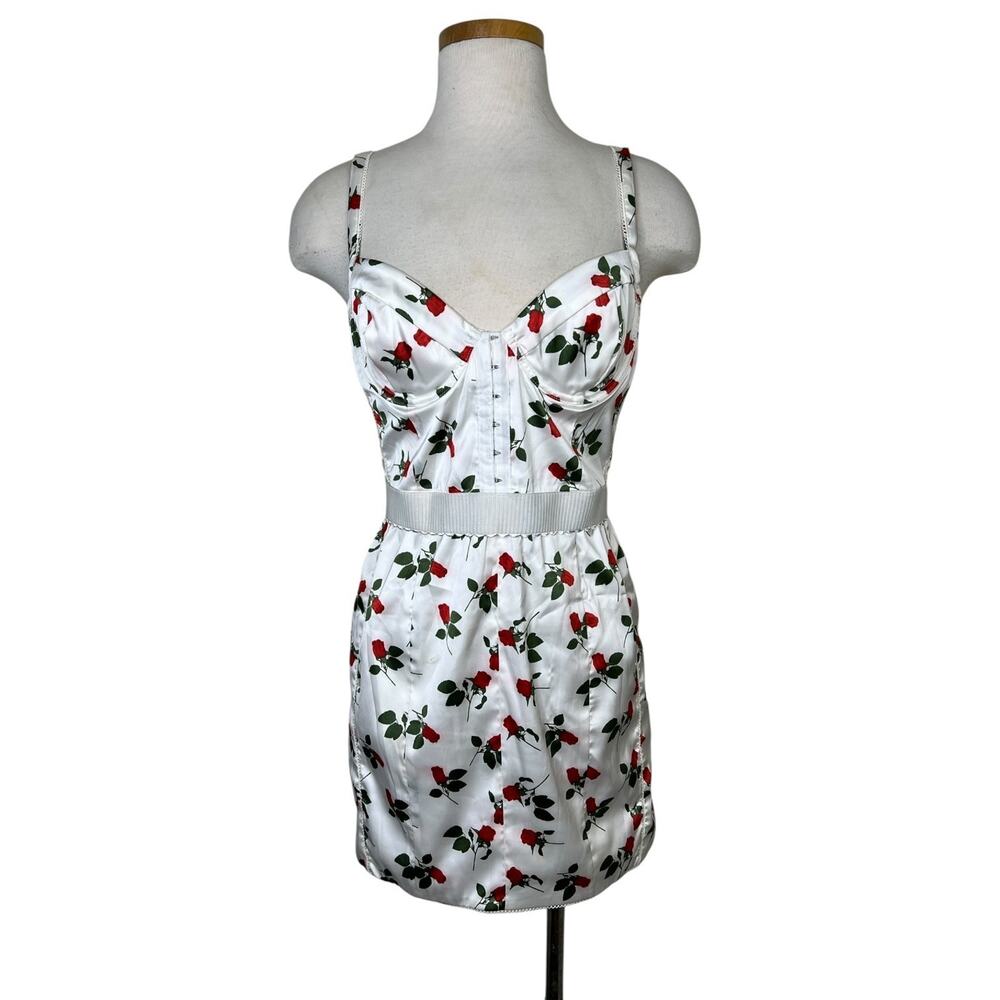 For Love and Lemons Love Song Bustier Mini Dress Satin Roses White Womens Small